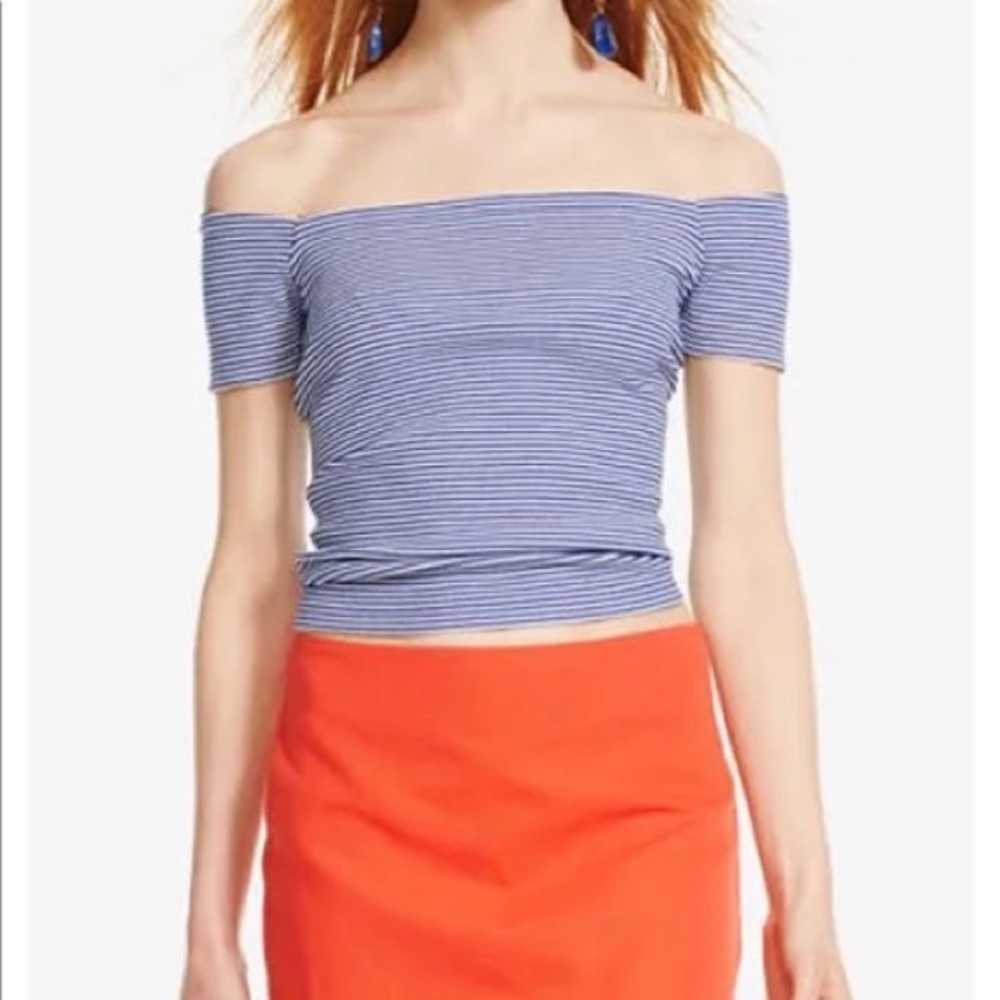 Polo by Ralph Lauren Striped Blue and White Off the Shoulder Crop Top Size Large